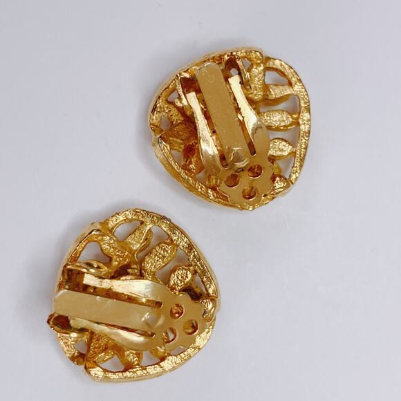 Vintage Mid Century Gold Tone Clip On Earrings Blue Rhinestone 1950s 1960s - Picture 8 of 10